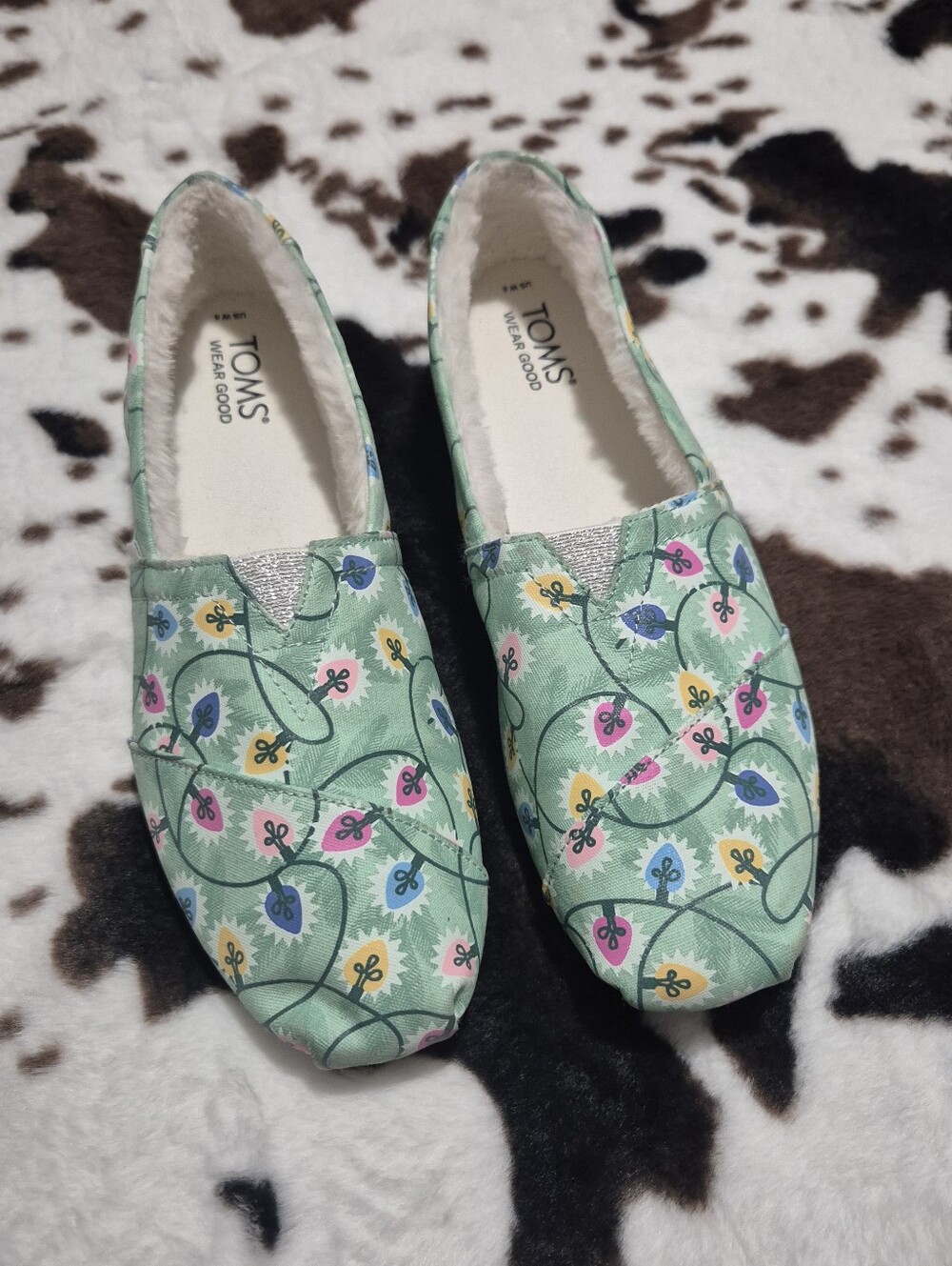 Toms Mint Green Floral Slip-On Flats-Christmas Lights-faux Fur Lined-Slip On-8